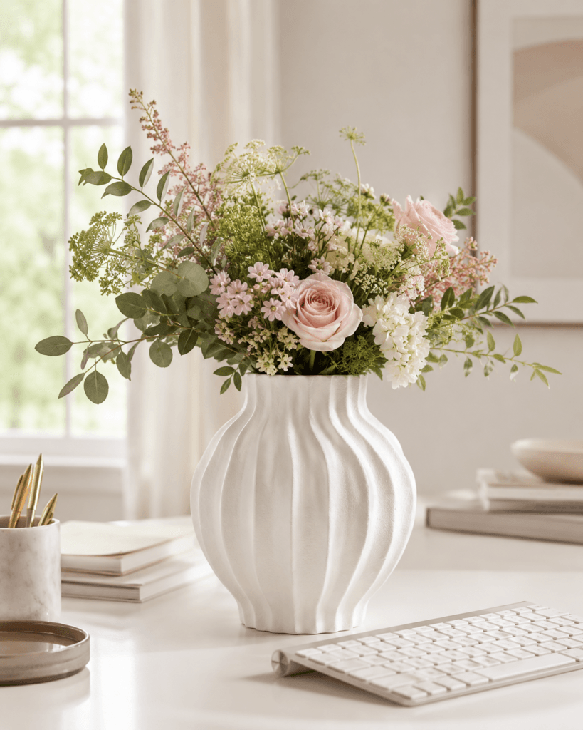 Arrangement floral sur bureau lumineux