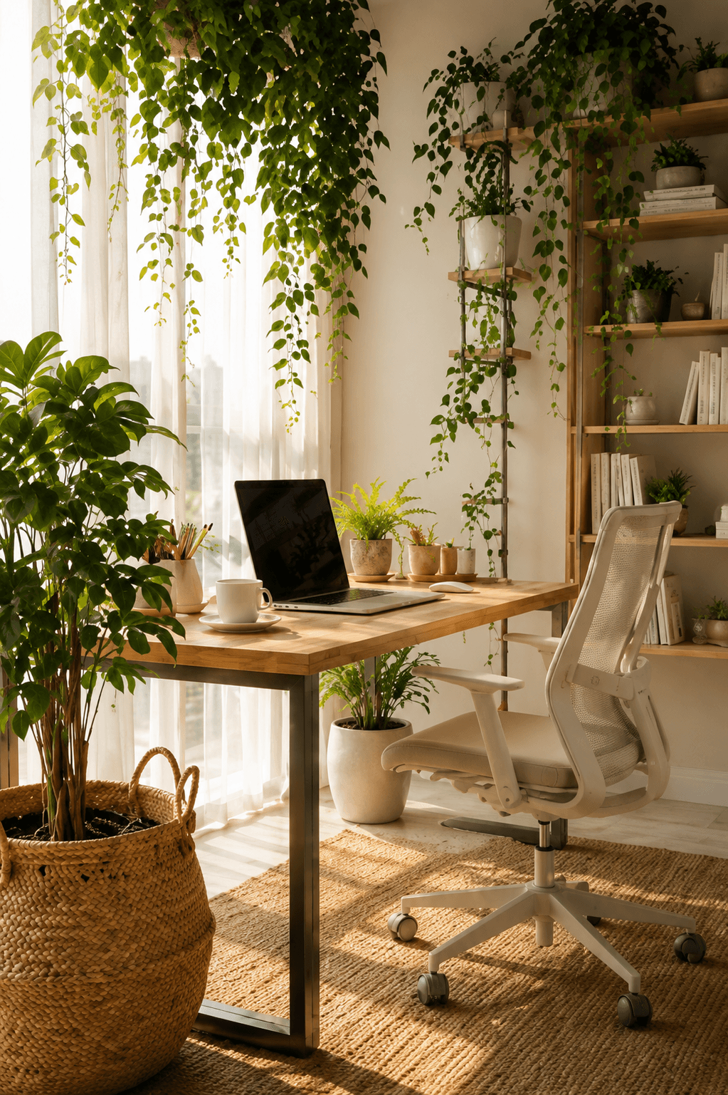Bureau lumineux et végétal accueillant home office plants