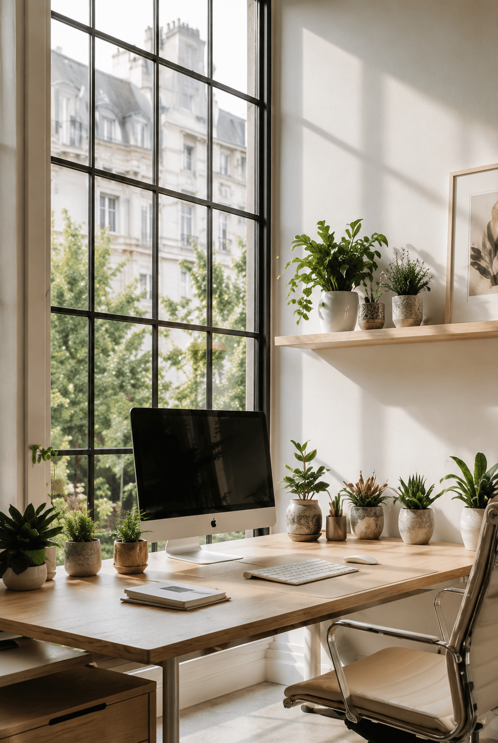 Bureau moderne lumineux avec plantes home office plants