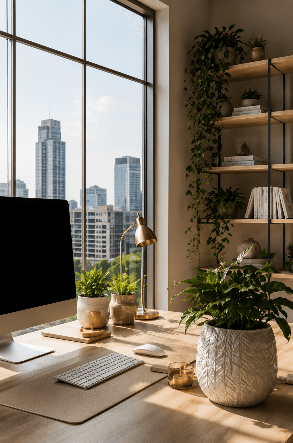 Bureau moderne lumineux avec vue sur la ville home office plants
